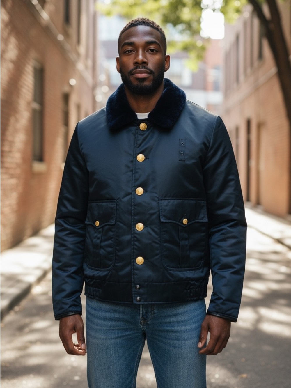 Vintage The Lawman Navy Bomber Jacket Men’s Faux Fur Collar Size Large